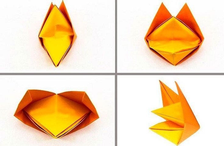Skjematisk forklaring av hvordan man lager et origami-revehode