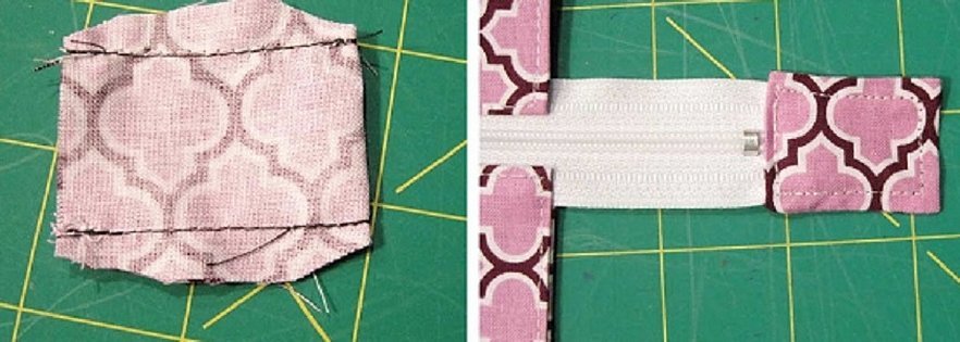 Prosessen med å sy et element inn i et tilbehør ved hjelp av ekstra stoffbiter