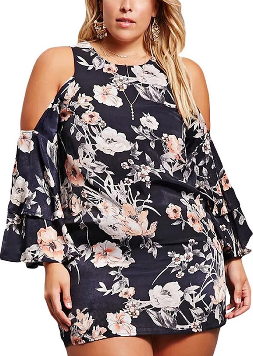 Kjole med blomstertrykk og bare skuldre