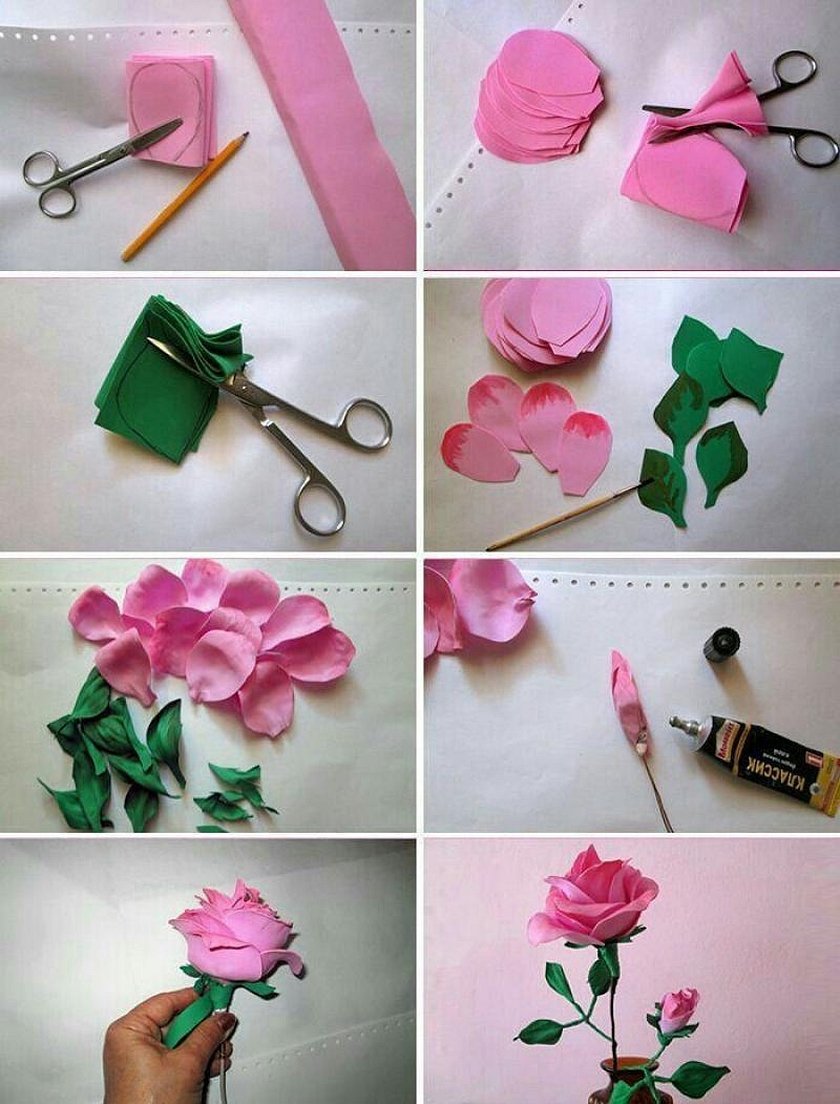 Prosessen med å lage en vakker rose fra foamiran