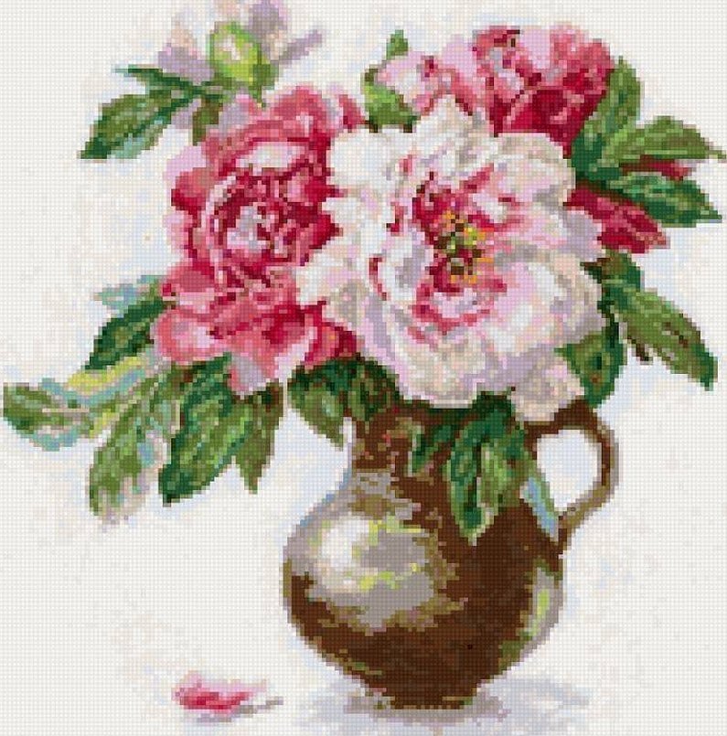 Broderte peoner i en vase