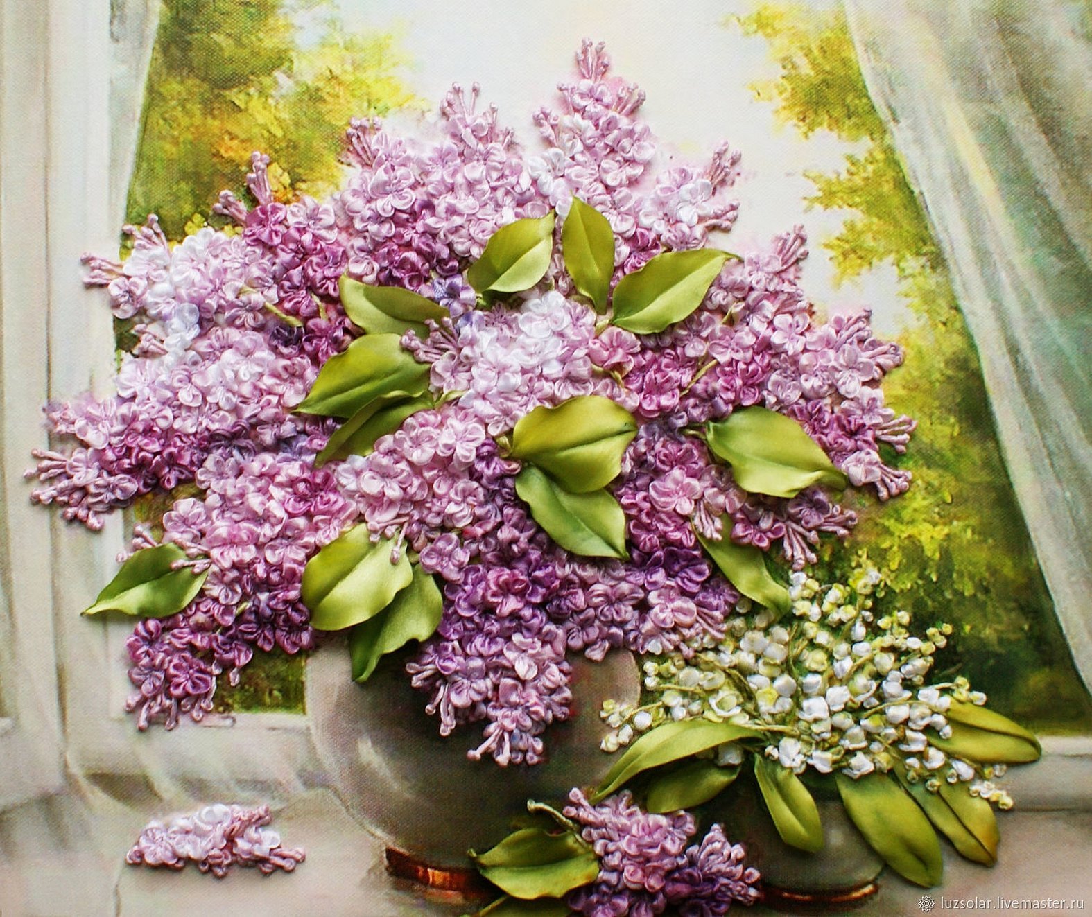 Broderie frumoasă de față de masă cu panglici